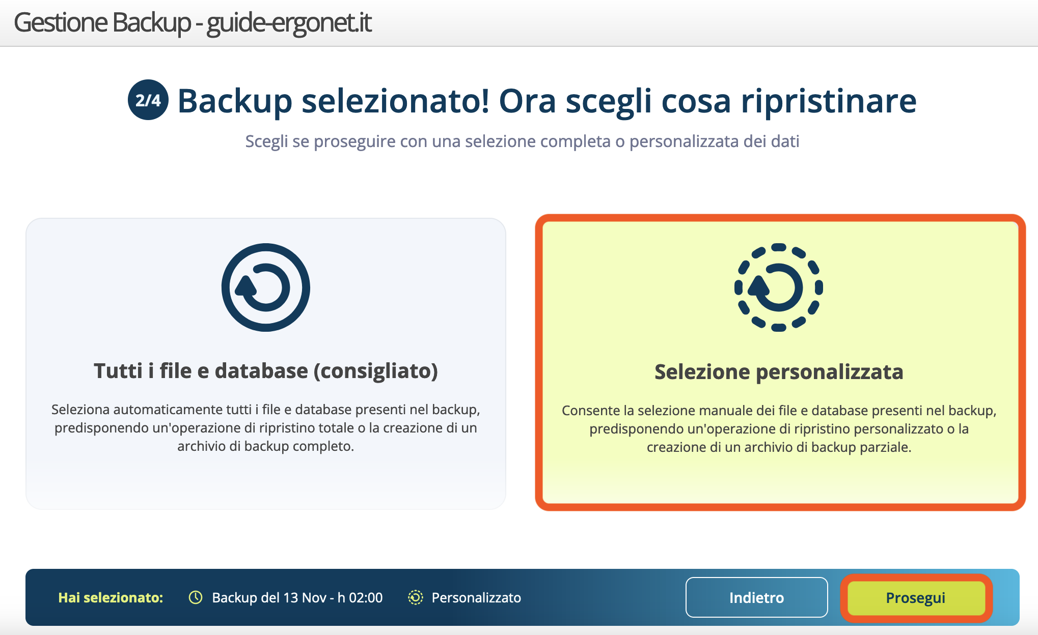 WebPanel Ergonet - Selezione ripristino backup personalizzato<br>